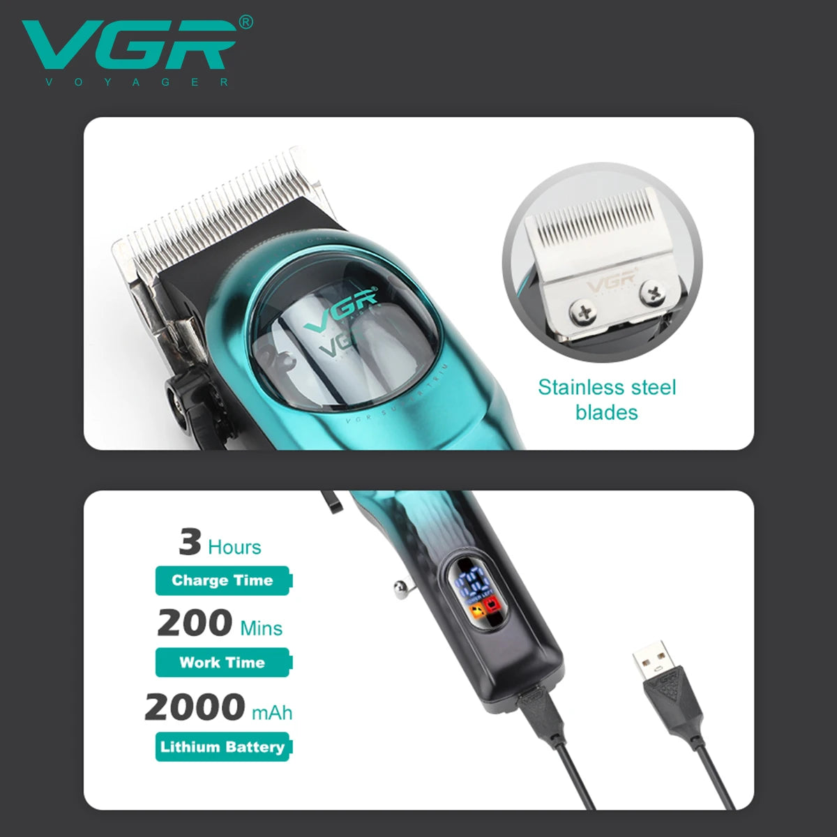 VGR 166 professional intelligent digital rechargeable hair clipper with gradient ribbon base adjustable electric push shear Peaceful Pleasures Health and Wellness