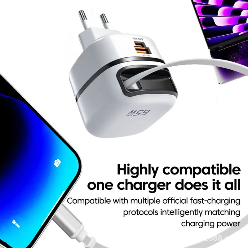 65W Foldable Wall Charger with Retractable Cable | Travel Adapter Wall Travel Charger Peaceful Pleasures Health and Wellness