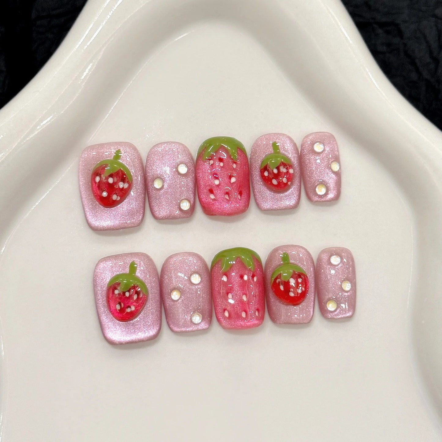 10pcs Handmade Press on Nails 3D Strawberry Decor Fake Nails for Girl Wearable Detachable Short Pink Cat Eye False Nail Tips Peaceful Pleasures Health and Wellness M