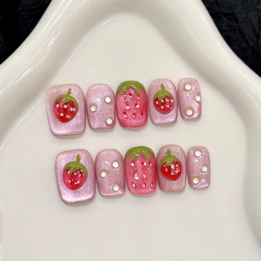 10pcs Handmade Press on Nails 3D Strawberry Decor Fake Nails for Girl Wearable Detachable Short Pink Cat Eye False Nail Tips Peaceful Pleasures Health and Wellness M