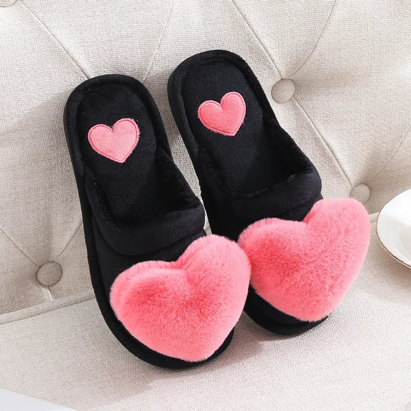 Women's Plush Heart Slippers – Warm Non-Slip Indoor House Shoes
