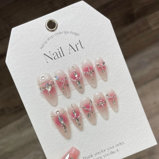 Handmade Press on Nails Pink Blush Shiny Rhinestone Decor False Nails Full Cover Wearable Sweet Korean Almond Fake Nail Tips Peaceful Pleasures Health and Wellness S