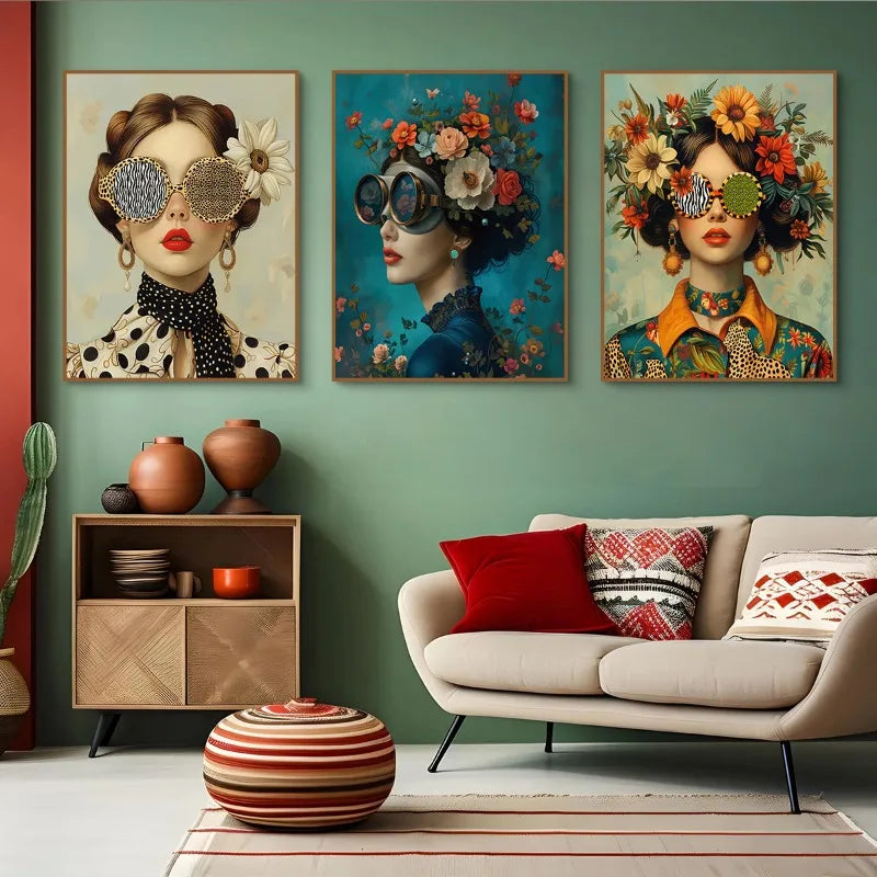 3pcs Nordic Boho Fashion Glasses Woman with Flowers Wall Art Canvas Painting Butterfly Girl Portrait Poster Prints Mural Picture Peaceful Pleasures Health and Wellness