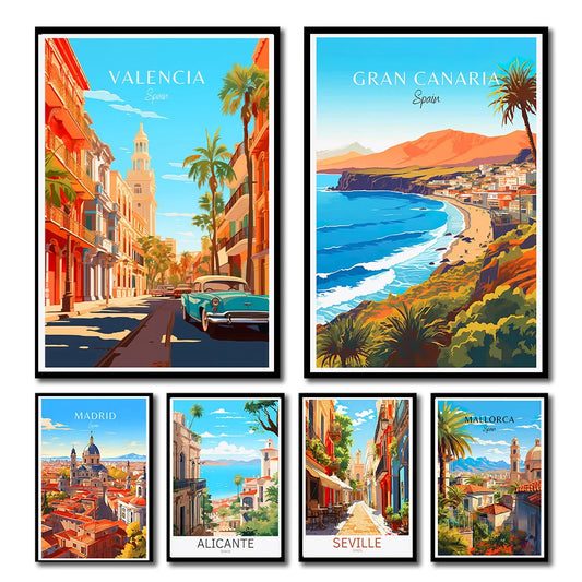 Spain Travel Poster Canvas Print | Barcelona Madrid Granada Wall Art Canvas Wall Art Peaceful Pleasures Health and Wellness