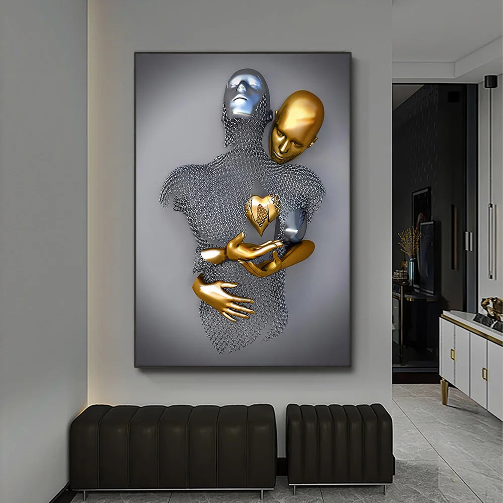 Metal Figure Golden Statue Art Canvas Painting Romantic Abstract Lovers Posters and Prints Wall Pictures Modern Home Decor Gifts Peaceful Pleasures Health and Wellness