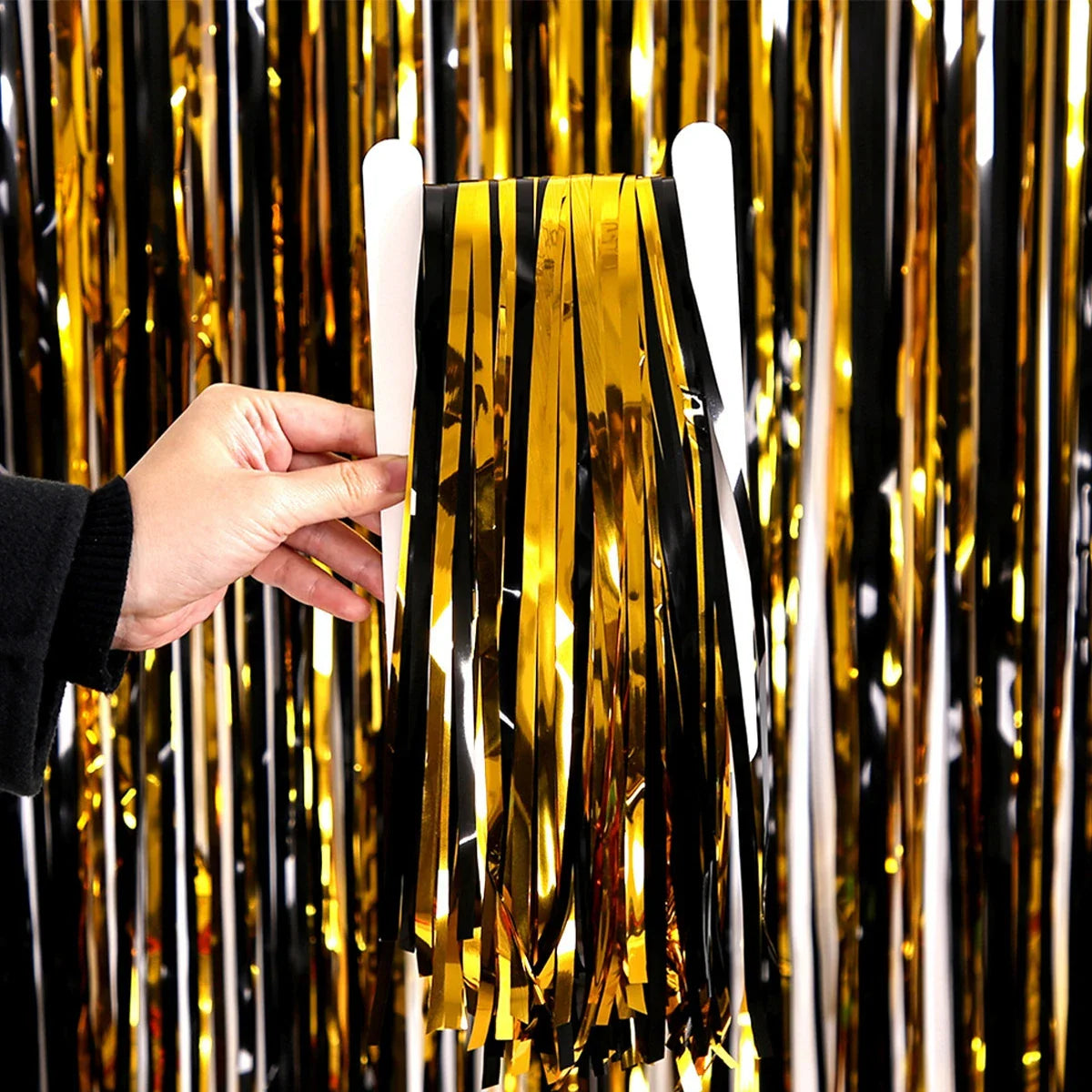 Black Gold Tinsel Fringe Foil Curtain Party Backdrop 1m×2m