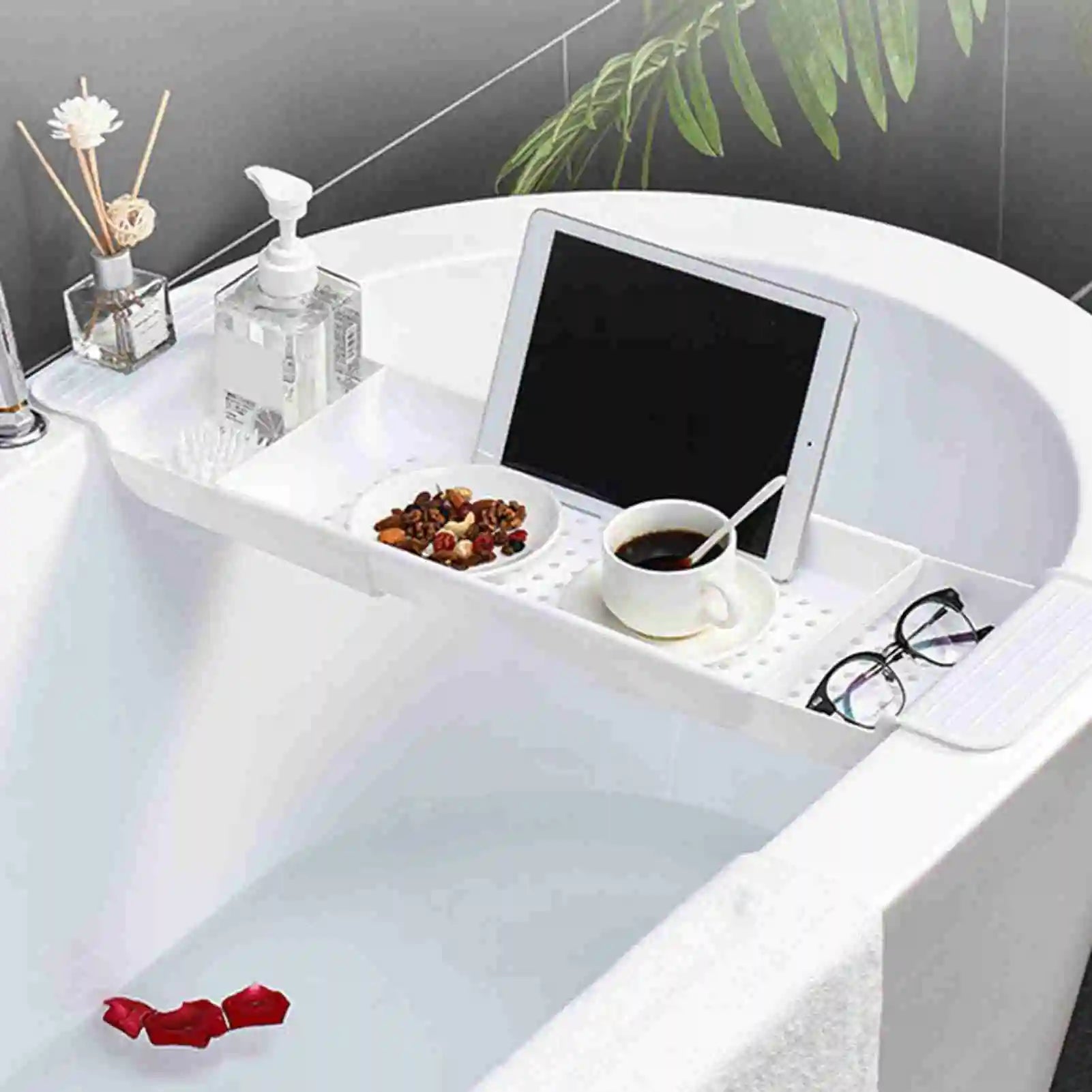 Bathtub Tray Stable Placement Expandable Plastic Material Draining Design Bath Tub Table for Bathroom Bath Tub Table Peaceful Pleasures Health and Wellness