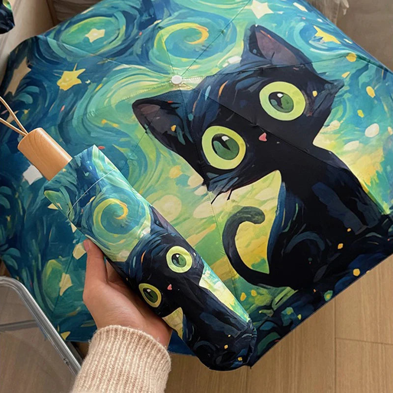 Green Cartoon Cat Folding Umbrella – UV & Rain Protection