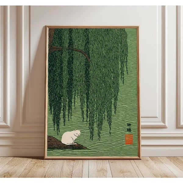 Japanese Cat & Willow Lily Pond Canvas Wall Art Print