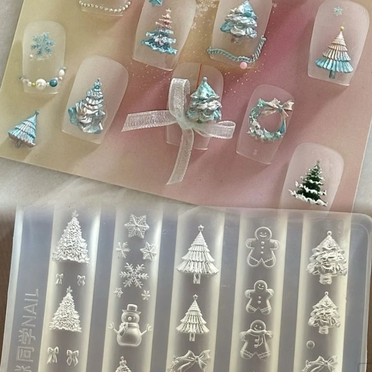 Manicure Design Tool with 3D Christmas Tree, Snowman, Gingerbread Man - DIY Nail Art Decorations Transparent Silicone Mold Peaceful Pleasures Health and Wellness