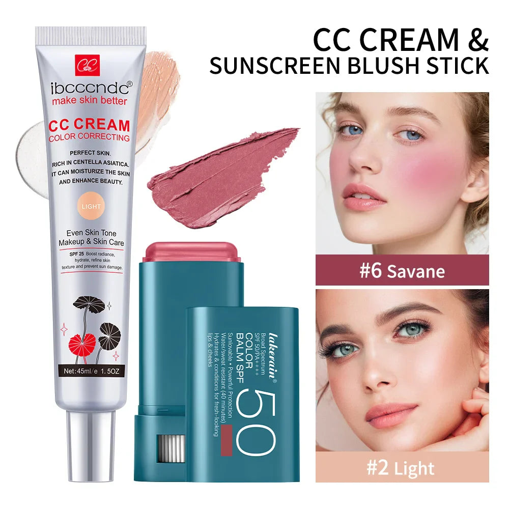 CC Cream & SPF 50 Blush Stick Set – Waterproof Korean Makeup