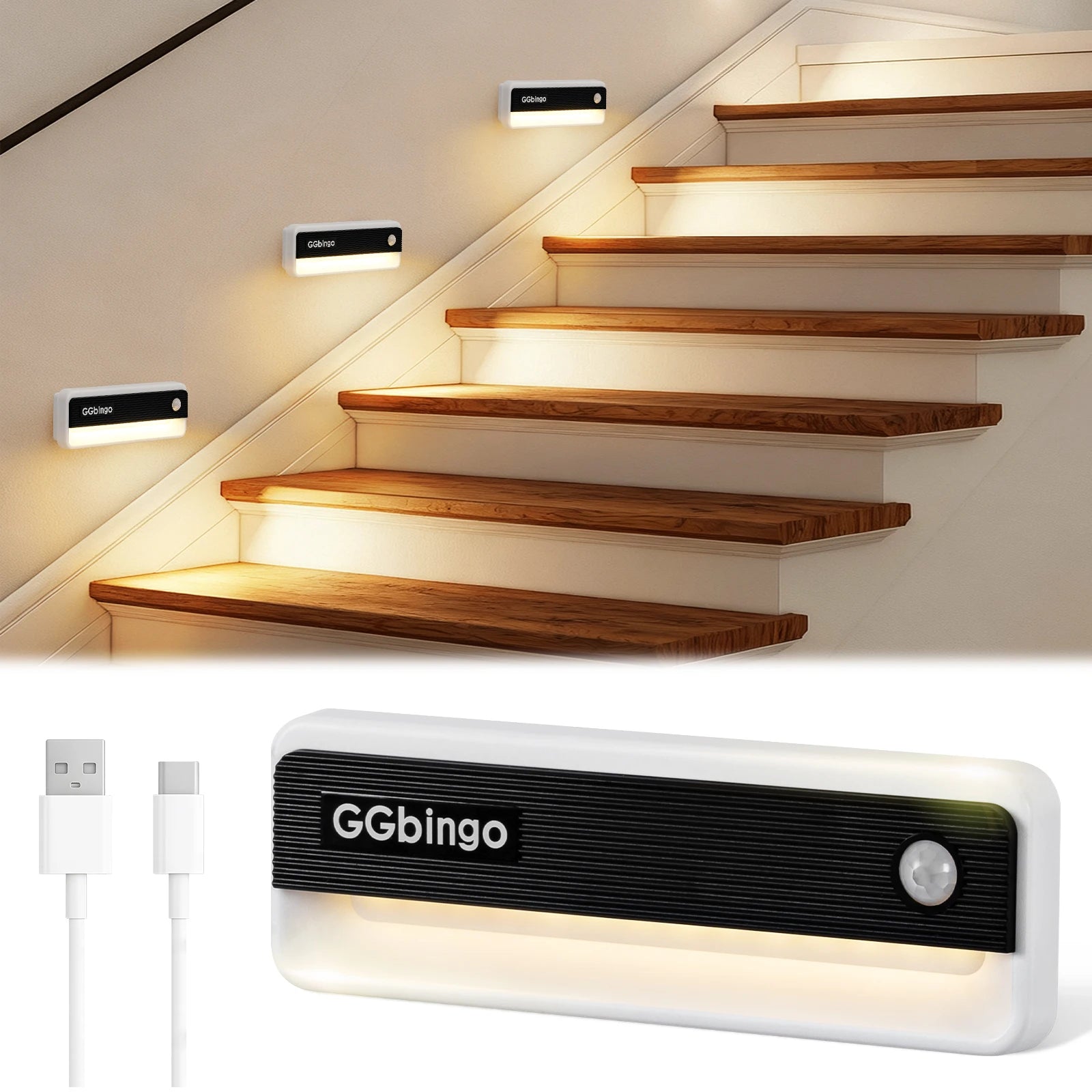 GGbingo Human Body Induction Night Light Multi-light Linkage Type-C Charging Footlights Wall Lamp 6000K Cabinet Light Peaceful Pleasures Health and Wellness