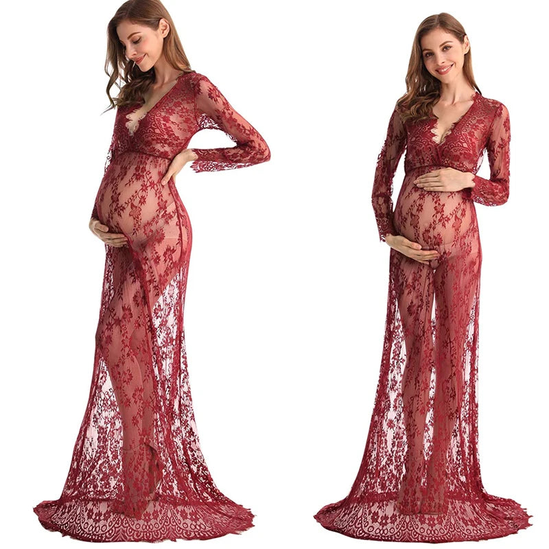Sexy Deep V-Neck Long Sleeve Lace Beach See-Through Maternity Maxi Dress Douche de bébé Photographie de vêtements de maternité Peaceful Pleasures Health and Wellness