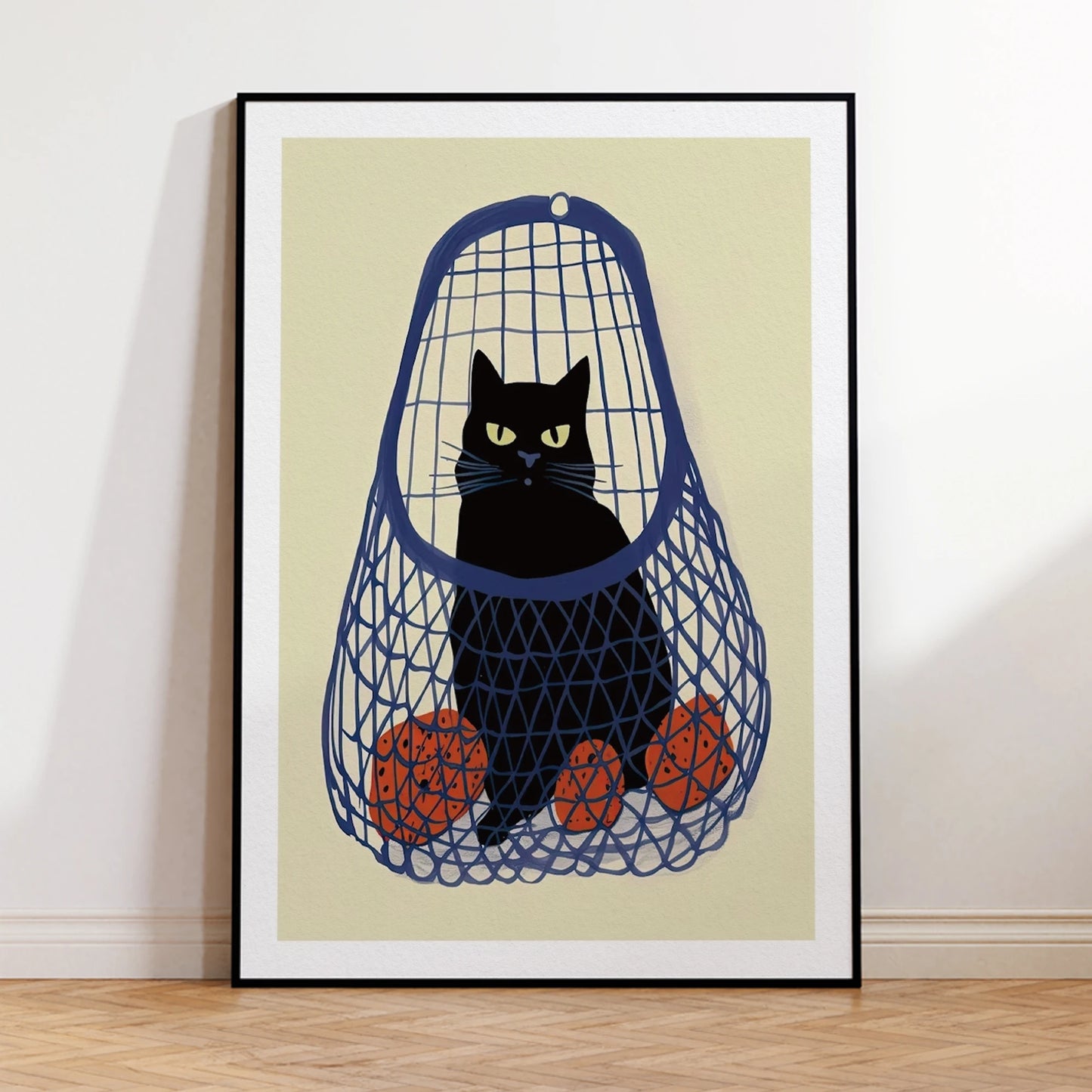 Black Cat Blue Bag Oranges Canvas Wall Art Print | Home Decor