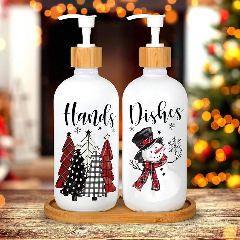 Christmas Gnome Soap Dispenser Set of 2 with Tray – Festive Xmas Kitchen & Bathroom Holiday Decor