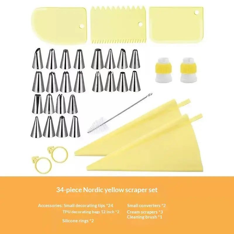 34-Piece Stainless Steel Piping Nozzle Set & Reusable Pastry Bag Cake Decorating Set Peaceful Pleasures Health and Wellness Yellow