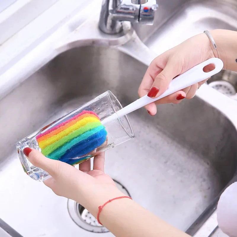 3Pcs Rainbow Sponge Brush Water Bottle Cup Mug Glass Washing Sponge Cleaning Brush Scrubber with Handle Cleaning Utensils Peaceful Pleasures Health and Wellness
