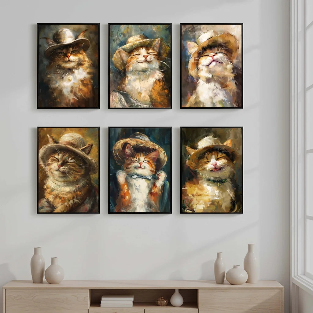 Animals Wall Art Cute Smiling Cat Oil Vintage Canvas Painting Nordic Style Poster Prints Bedroom Living Room Wall Decor Peaceful Pleasures Health and Wellness