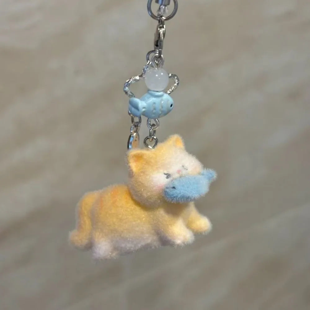 Cute Cartoon Cat Eating Fish Plush Pendant Flocking Keychain Girlish Heart Bag Charm Lovely Dolls Hanging Accessory Decoration Peaceful Pleasures Health and Wellness B