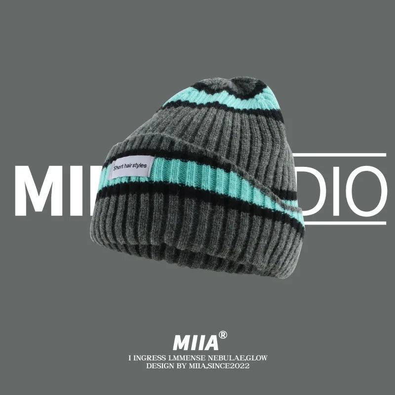 Striped Knit Beanie – Warm Contrast Color Winter Hat Unisex