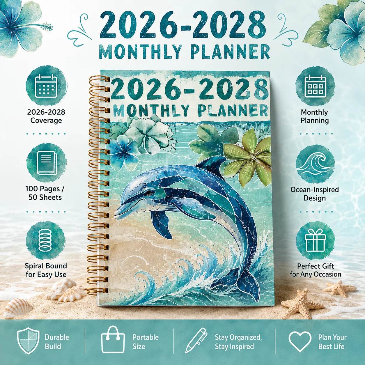 2026-2028 3 Year Spiral Planner Monthly Daily Agenda Cute Dolphin