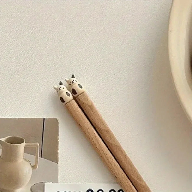 Practical Cute Shiba Bear Rabbit Cats Tableware Beech Wood Chopsticks Practical Wooden Dinnerware Hand Carved Beech Chopsticks Peaceful Pleasures Health and Wellness cat