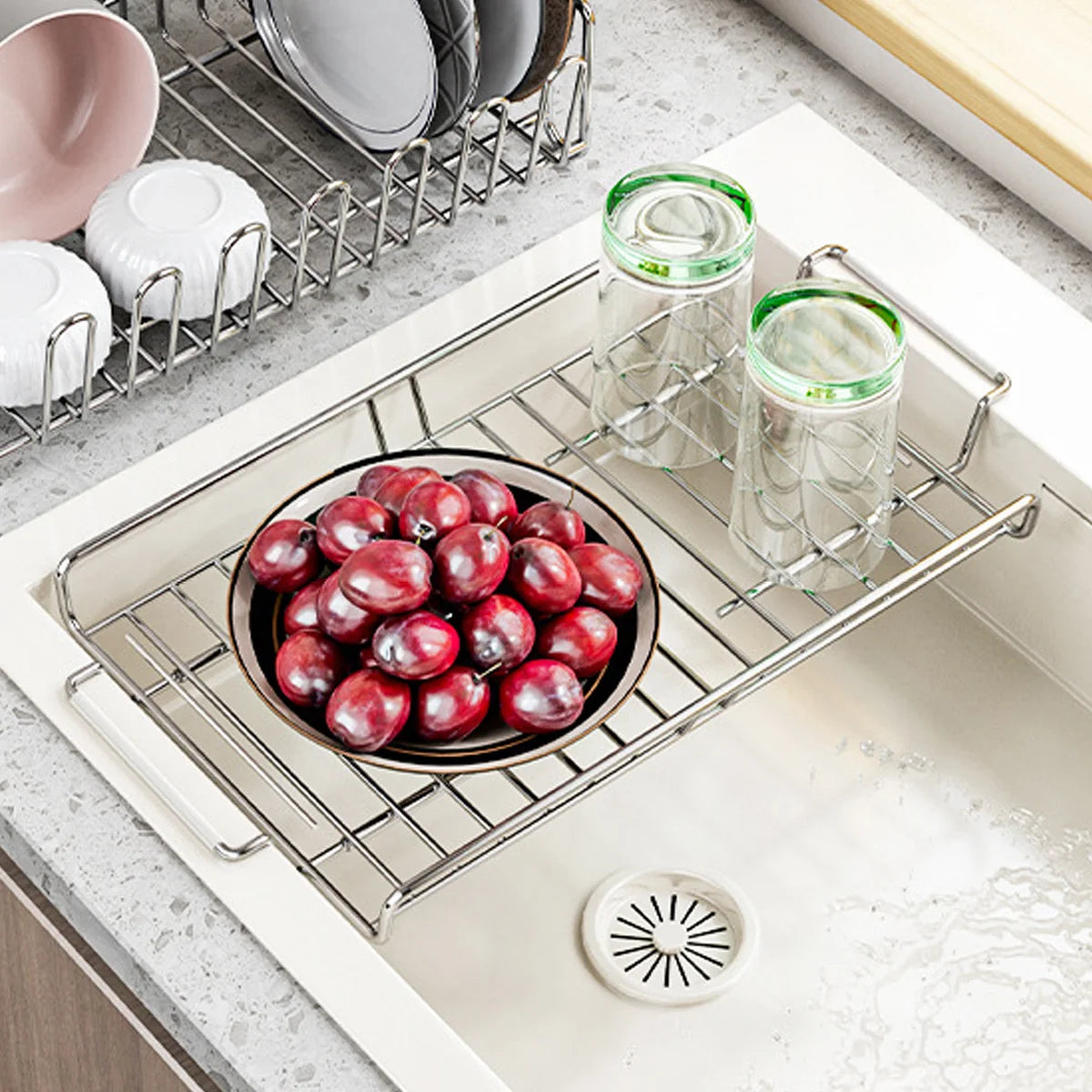 Expandable Dish Drying Rack Over The Sink, Stainless Steel Plate Holder for Kitchen, Space Saving Modern Silver Hanging Drainer Peaceful Pleasures Health and Wellness