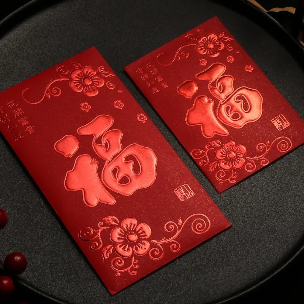 6pcs 3D Chinese New Year Red Envelope Hot Stamping Solid Red Packet Blessings Printing Thickened Lucky Money Bag Wedding Peaceful Pleasures Health and Wellness L-Style E