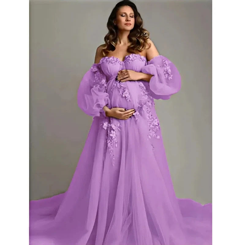 Hand-Finished Pink Maternity Photo Gown - Off-Shoulder Sheer Tulle Dress Embroidery Appliques - Baby Shower Pregnancy Shoot Robe Peaceful Pleasures Health and Wellness LT PURPLE US 6