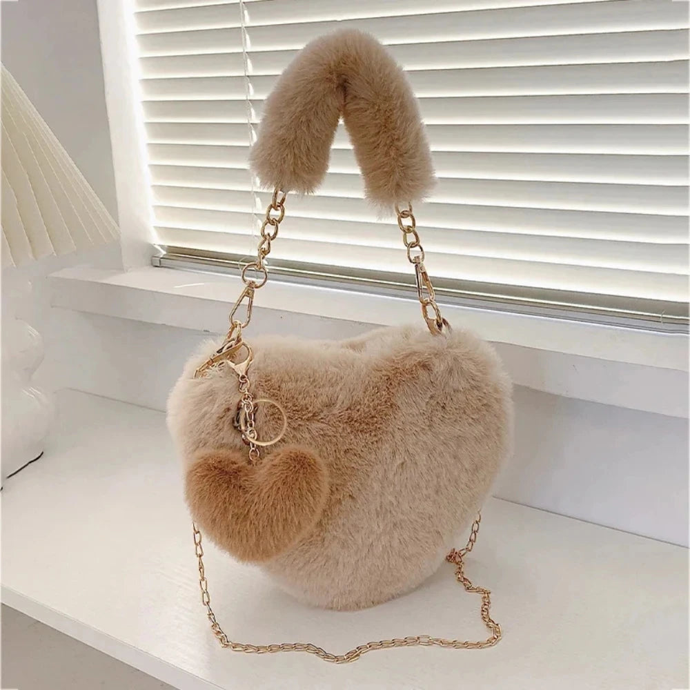 New Korean Style Plush Bags Trendy Heart-shaped Crossbody Bags Versatile Autumn Winter Single Shoulder or Handheld Clutch Wallet Peaceful Pleasures Health and Wellness Khaki