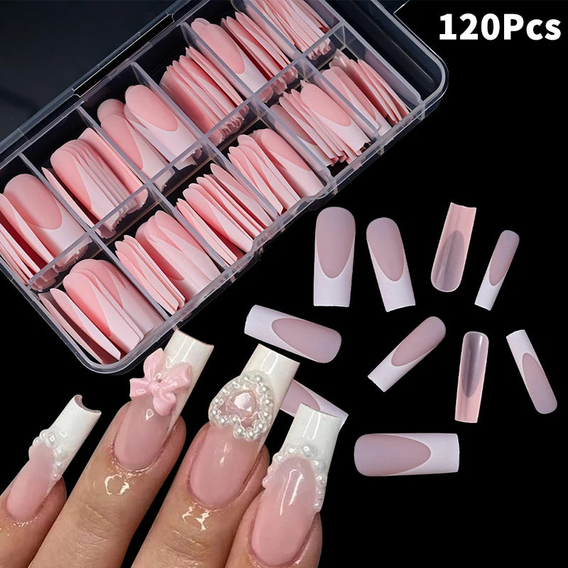 120pcs/box Nude Pink Matte French Press On Nails 12sizes Extra Long Square Full Cover Soft Gel False Nail Tips Nail Extension Peaceful Pleasures Health and Wellness