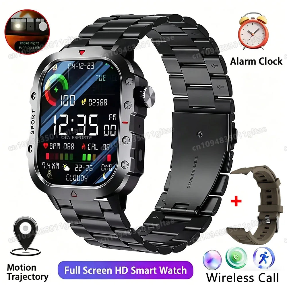 2026 New Military Outdoor Smart Watch Men's GPS Flashlight Bluetooth Call 2.01" AMOLED Screen 3ATM Waterproof Sports Smartwatch Peaceful Pleasures Health and Wellness Br22BkSzstrap Smartwatch