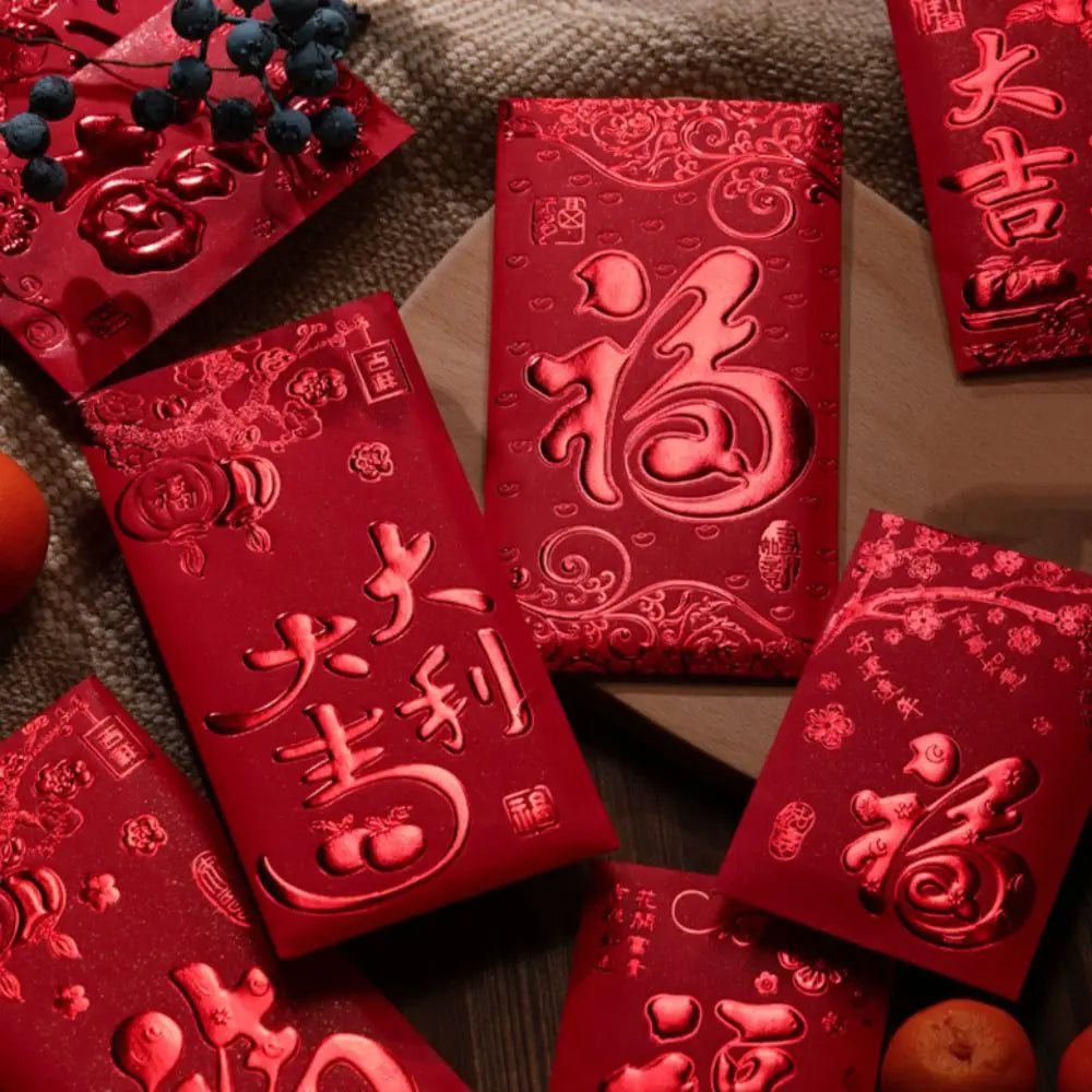 6pcs 3D Chinese New Year Red Envelope Hot Stamping Solid Red Packet Blessings Printing Thickened Lucky Money Bag Wedding Peaceful Pleasures Health and Wellness