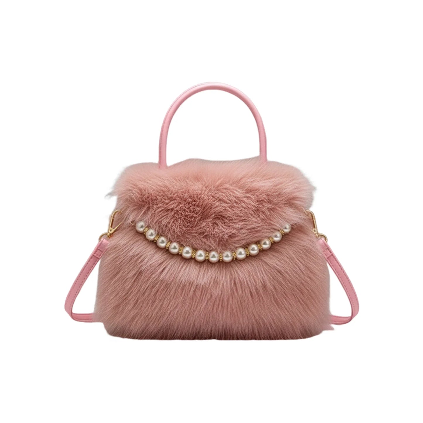 Women's Faux Fur Beaded Handbag Small Square Design Versatile Commuter Crossbody Bag Peaceful Pleasures Health and Wellness Pink