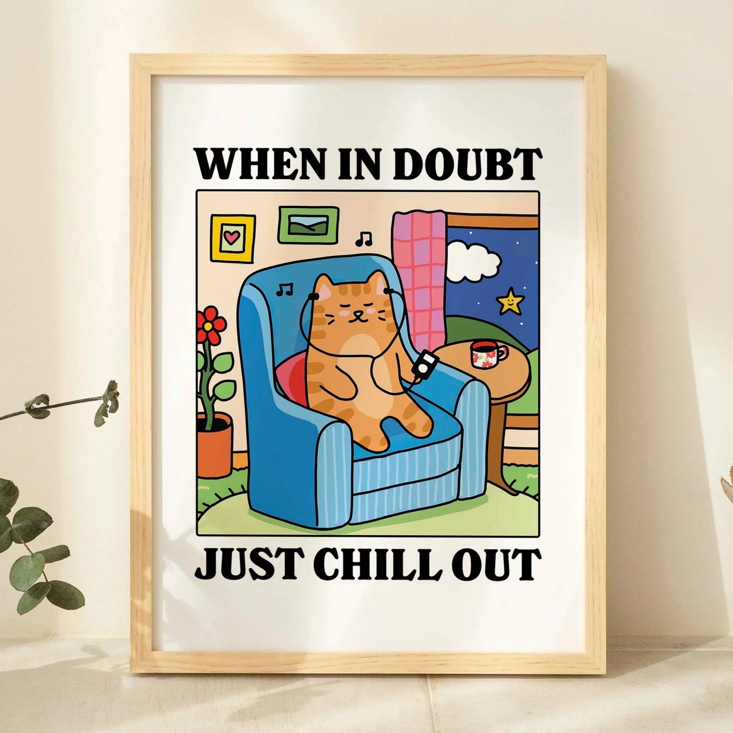 "When In Doubt, Chill Out" Cartoon Cat Canvas Wall Art Print