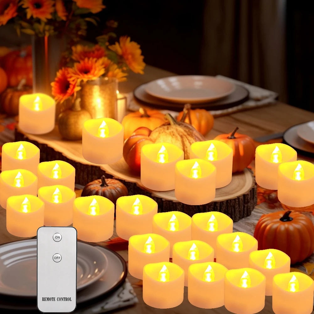 Flameless LED Electronic Candle with Remote Control LED Lighting with Flickering Flame Tea Lights Wedding Party Home Decor Peaceful Pleasures Health and Wellness 24 Pcs C