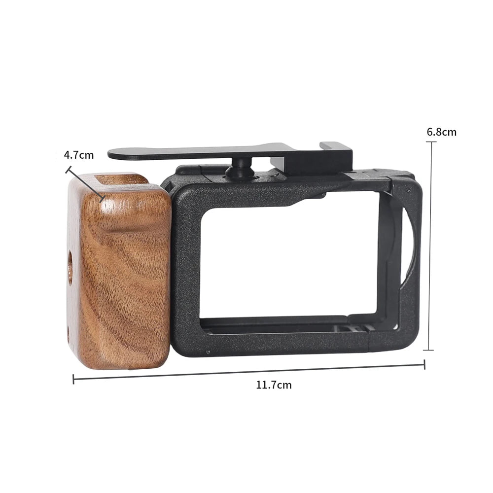 High-Quality Natural Wood Aluminum Cage Grip For DJI Action 6 Ergonomic See Saw Shutter Quick Release Base With Lanyard Peaceful Pleasures Health and Wellness
