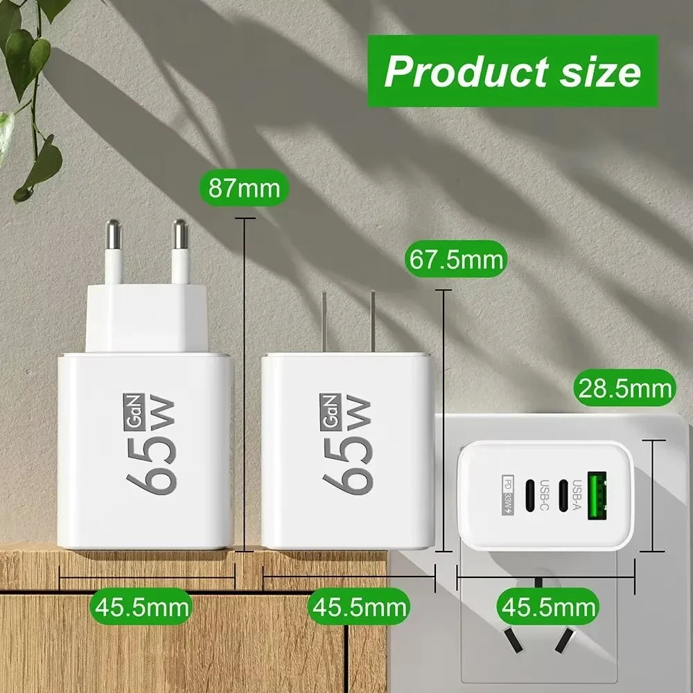 65W GaN USB-C Wall Charger QC3.0 Fast Charge iPhone & Android