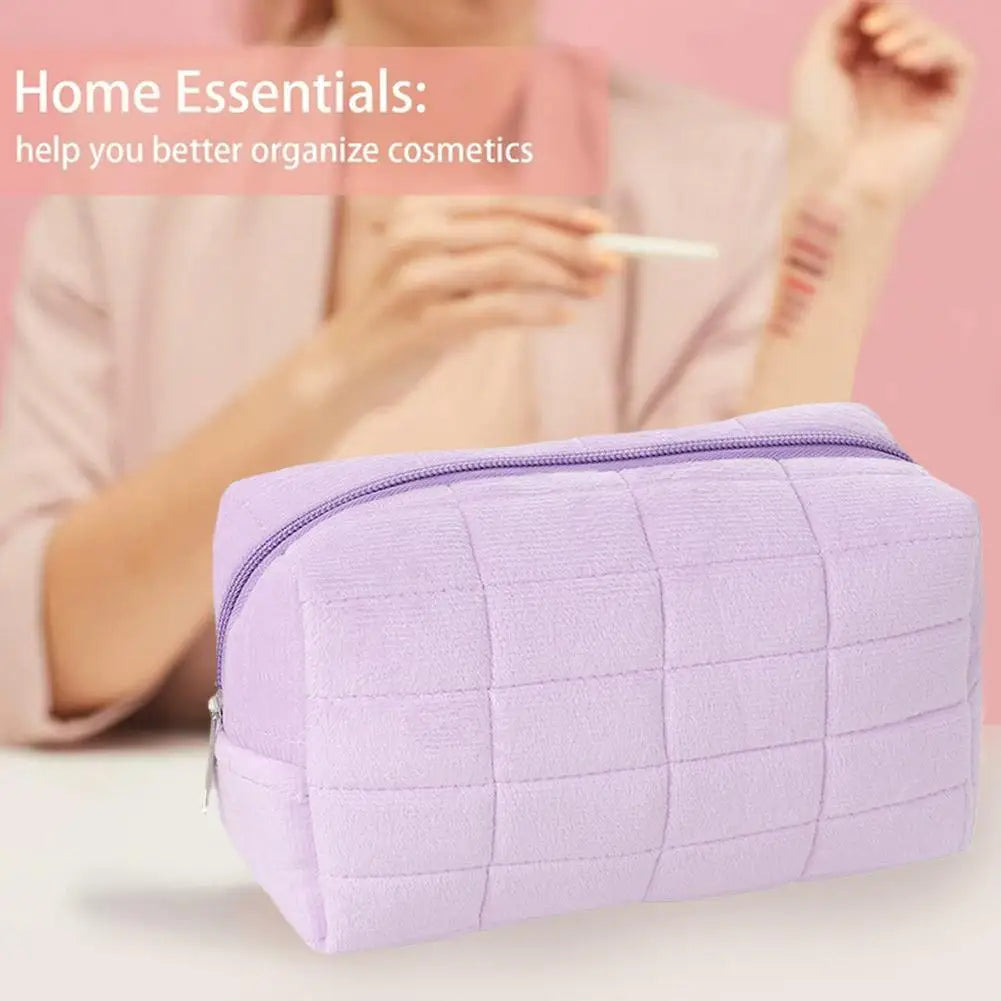 Cute Soft Plush Small Cosmetic Bag Portable Travel Pouch Solid Color Zipper Toiletry Storage Organizer for Women Makeup Bag Peaceful Pleasures Health and Wellness