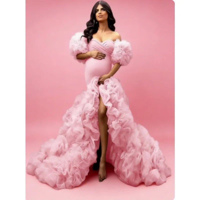 Soft Tulle Mermaid Maternity Gown - Off Shoulder Puffy Slit for Baby Shower & Pregnancy Photoshoot Dresses платье для беременных Peaceful Pleasures Health and Wellness PINK US 6