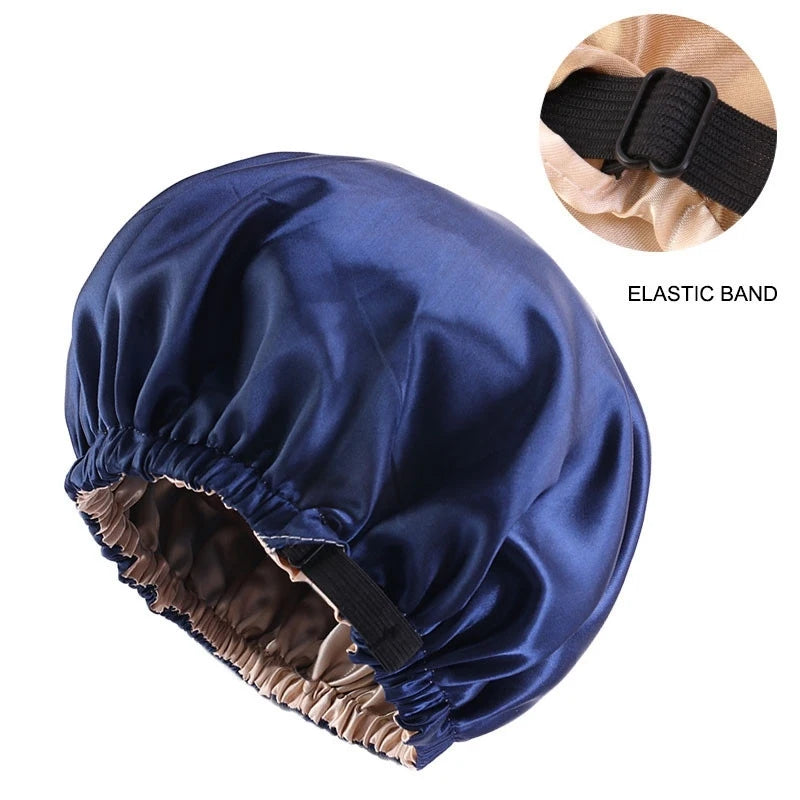 New Satin Hair Cap for Sleeping Invisible Flat Imitation Silk Round Haircare Women Headwear Ceremony Adjusting Button Night Hat Peaceful Pleasures Health and Wellness Navy