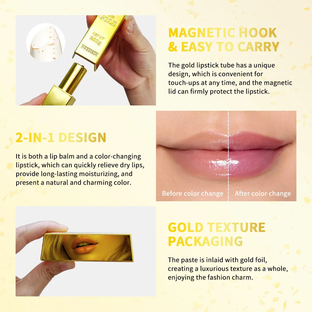 Color Changing Lipstick 2 in 1 Lip Blush Balm 24K Gold Long Lasting Moisturizing Nourishing Lips Plumper Deep Hydration Care Peaceful Pleasures Health and Wellness