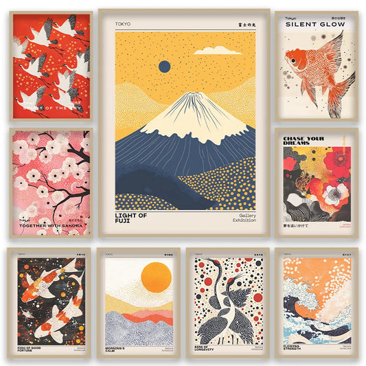 Japanese Ukiyo-e Canvas Poster – Mt. Fuji, Cranes & Cherry Blossom