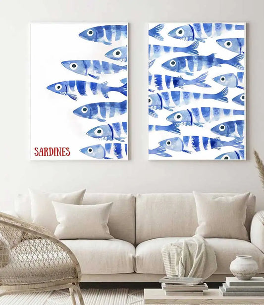 Blue Sardines Fish Canvas Print Set | Japanese Cute Wall Art Canvas Wall Art Set Peaceful Pleasures Health and Wellness
