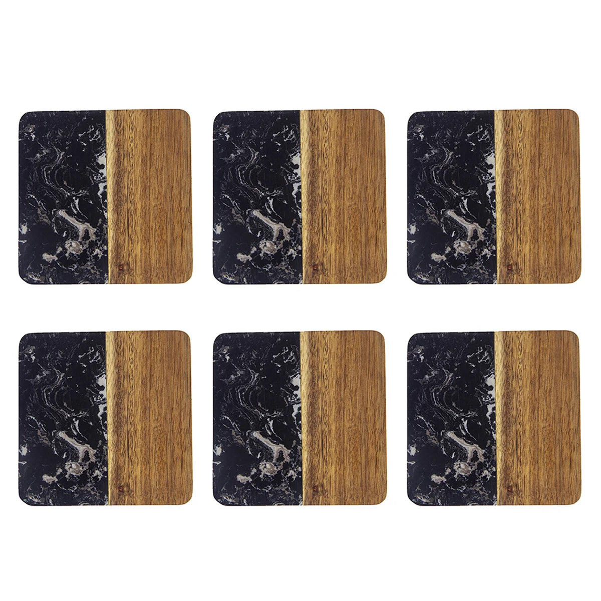 Stylish Wooden and Marble Coaster Set, Elegant Design for Coffee Tables, Durable, Perfect for Protecting Your Furniture Peaceful Pleasures Health and Wellness Black Square 6 pcs