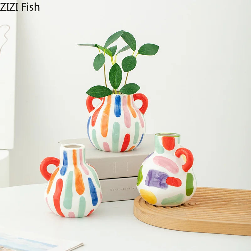 Colorful Stripes Ceramic Vase | Modern Tabletop Flower Decor