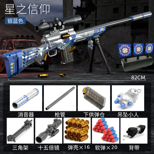M24 Sniper Rifle Toy Gun Soft Bullet Shooting for Boys Manually Loaded Safe Christmas Gift Peaceful Pleasures Health and Wellness Silver-Blue