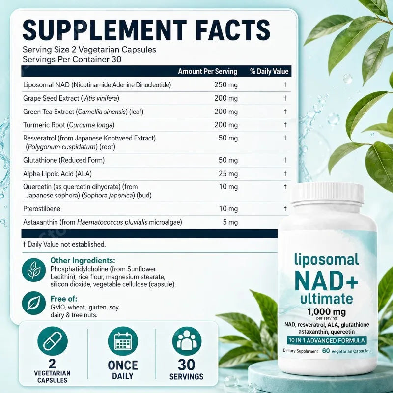 Liposomal NAD+ 1000mg 10-in-1 | Resveratrol & Glutathione – 60ct