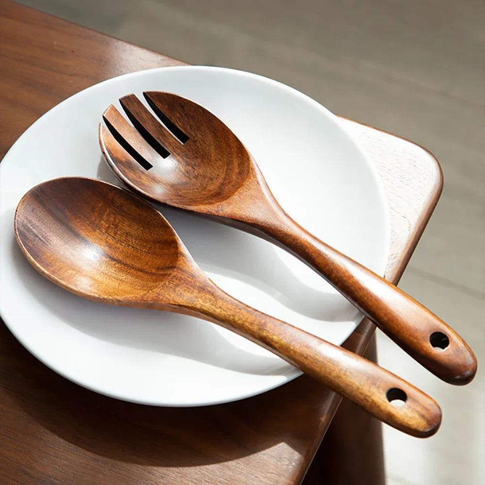 2-Piece Japanese-Style Wooden Serving Spoon & Fork Set – Long Handle Salad Scoop & Serving Utensils