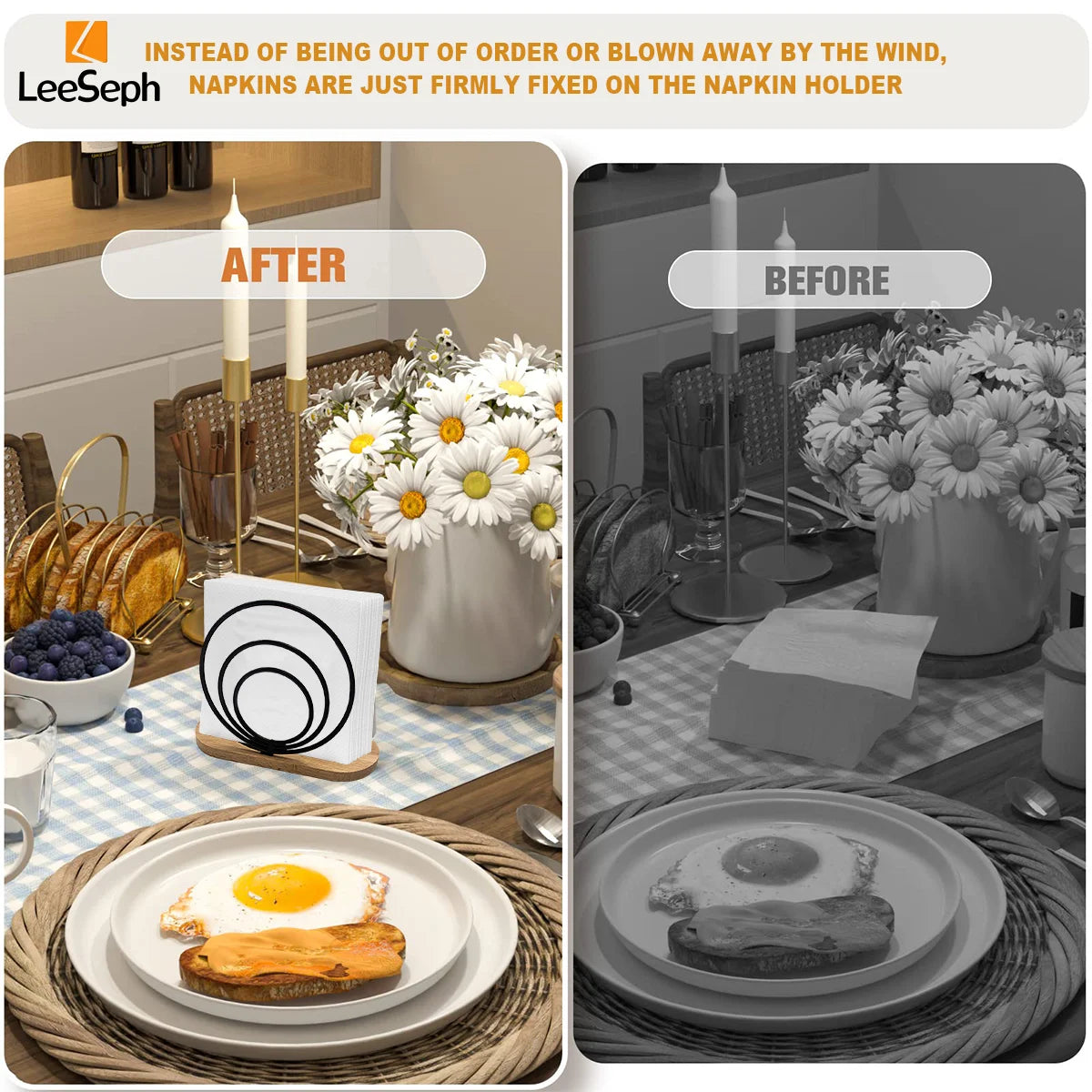 Leeseph Modern Napkin Holder with Wooden Base, Elegant Design for Dining Table, Sturdy and Decorative Holder for Paper Napkins Peaceful Pleasures Health and Wellness